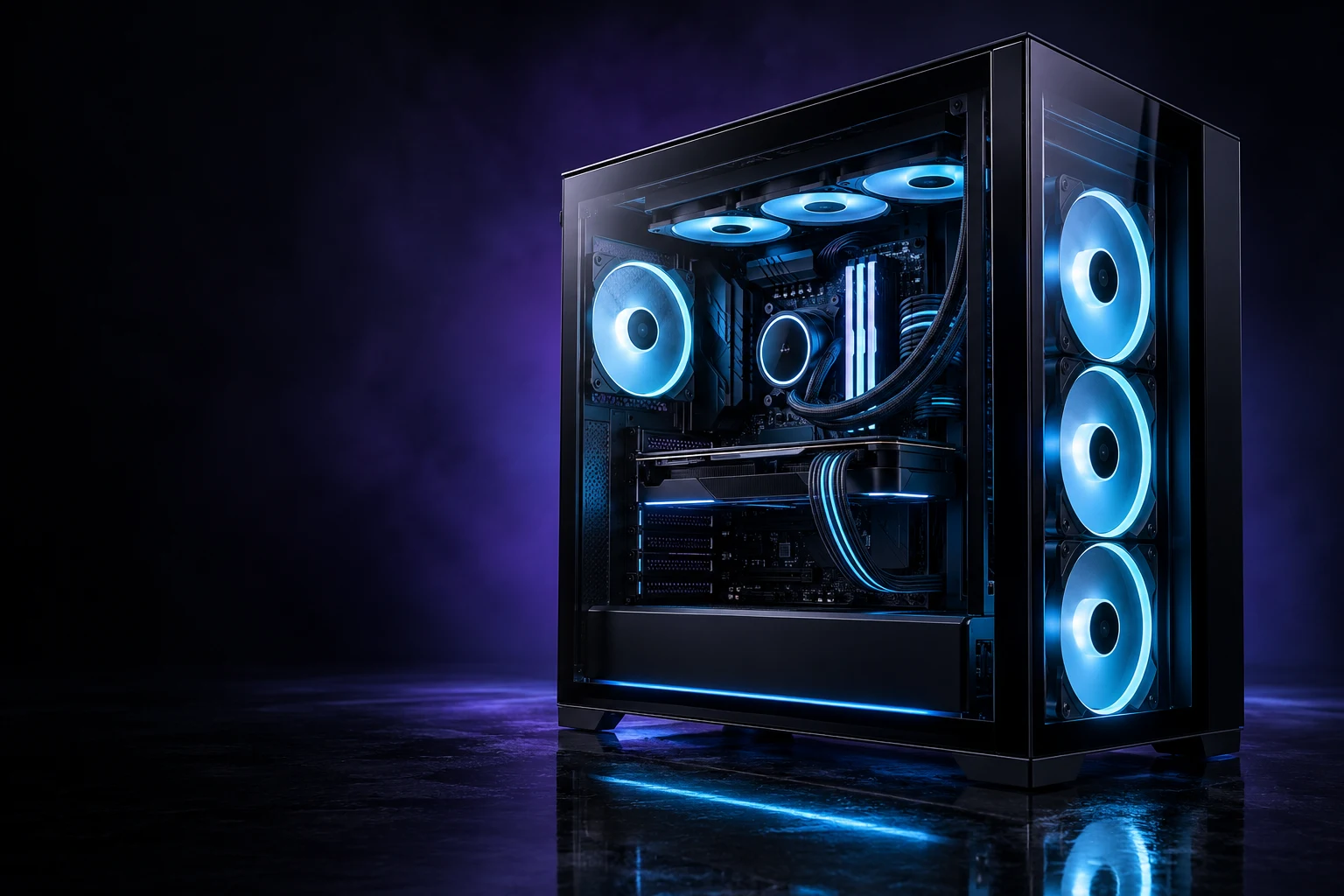 Custom black glass PC with icy blue illuminated cooling fans